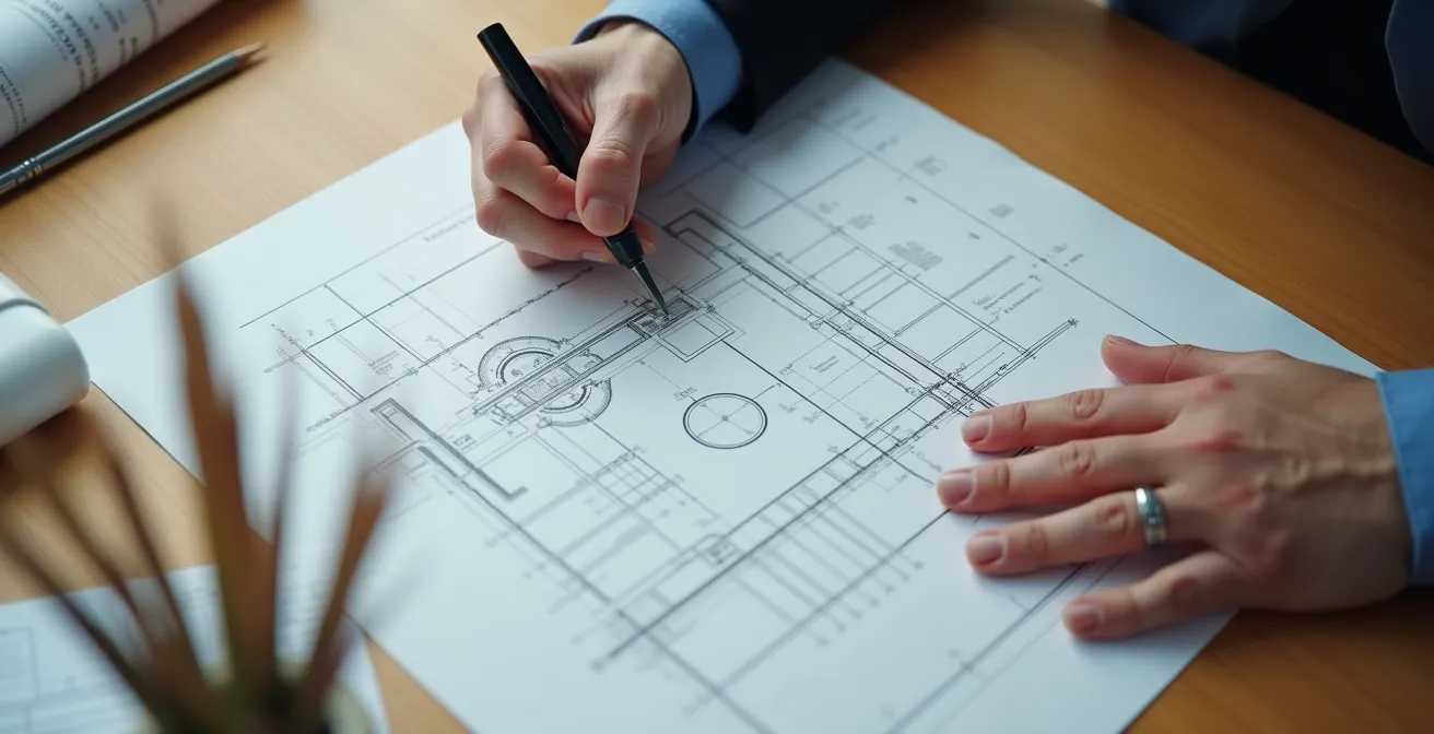 Vue plongeante sur les mains d'un architecte traçant des plans à l'envers, symbolisant la construction inverse du TJM